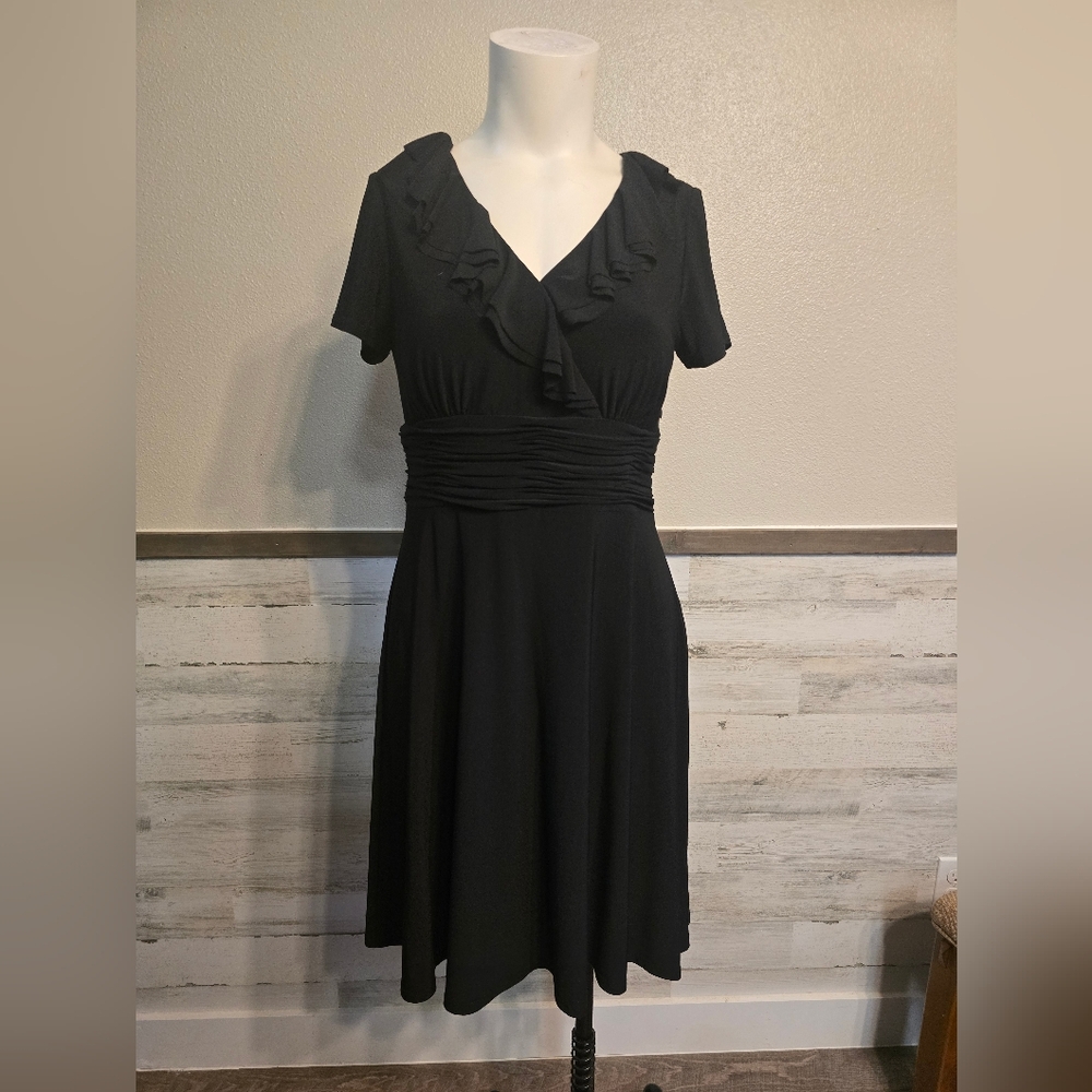 Eliza J Black Ruched Ruffle Midi Dress